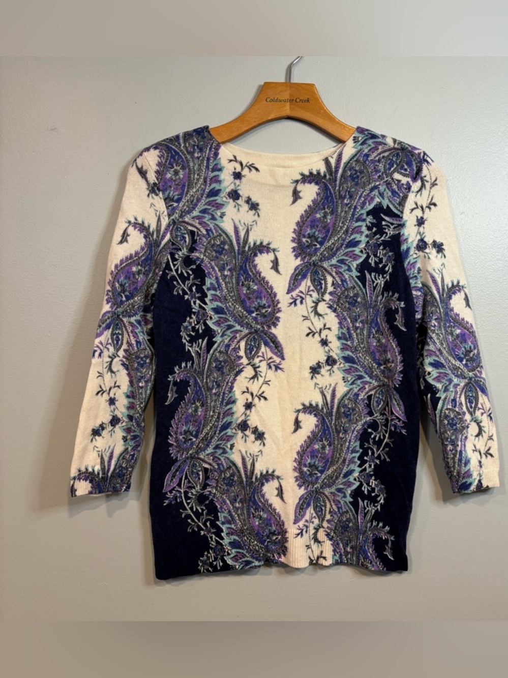 Talbots Audrey‎ 100% Cashmere Sweater Cream Purple Paisley Medium Petite MP